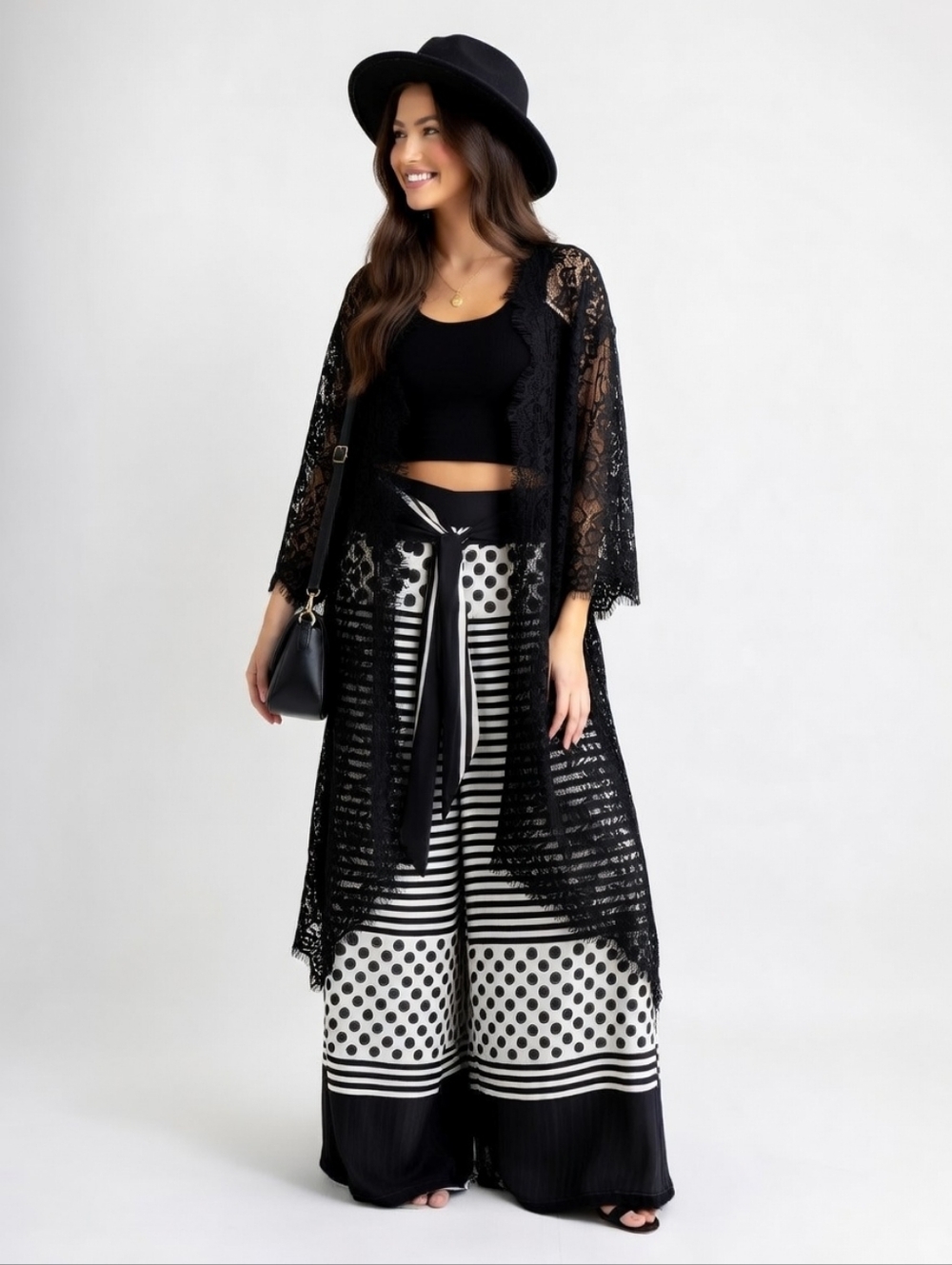 Polka Dot Black White Striped Palazzo Wide Pants Leg Eclectic Statement Piece - Picture 6 of 15